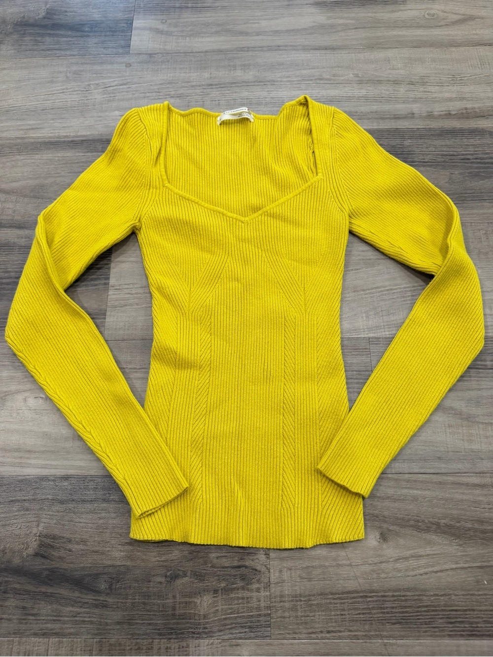 Anthropologie Ribbed Sweetheart Neck Knit Top XS Chartreuse Yellow - Picture 2 of 7